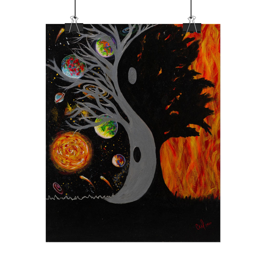 "Balance" Yin Yang Cosmic Tree Poster — Space and Fire Rolled Art Print