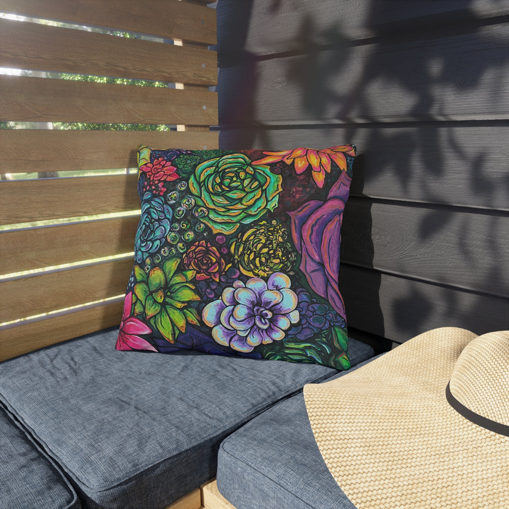 Rainbow Succulent Garden Outdoor Pillow — Colorful Botanical Throw Pillow for Patio & Porch