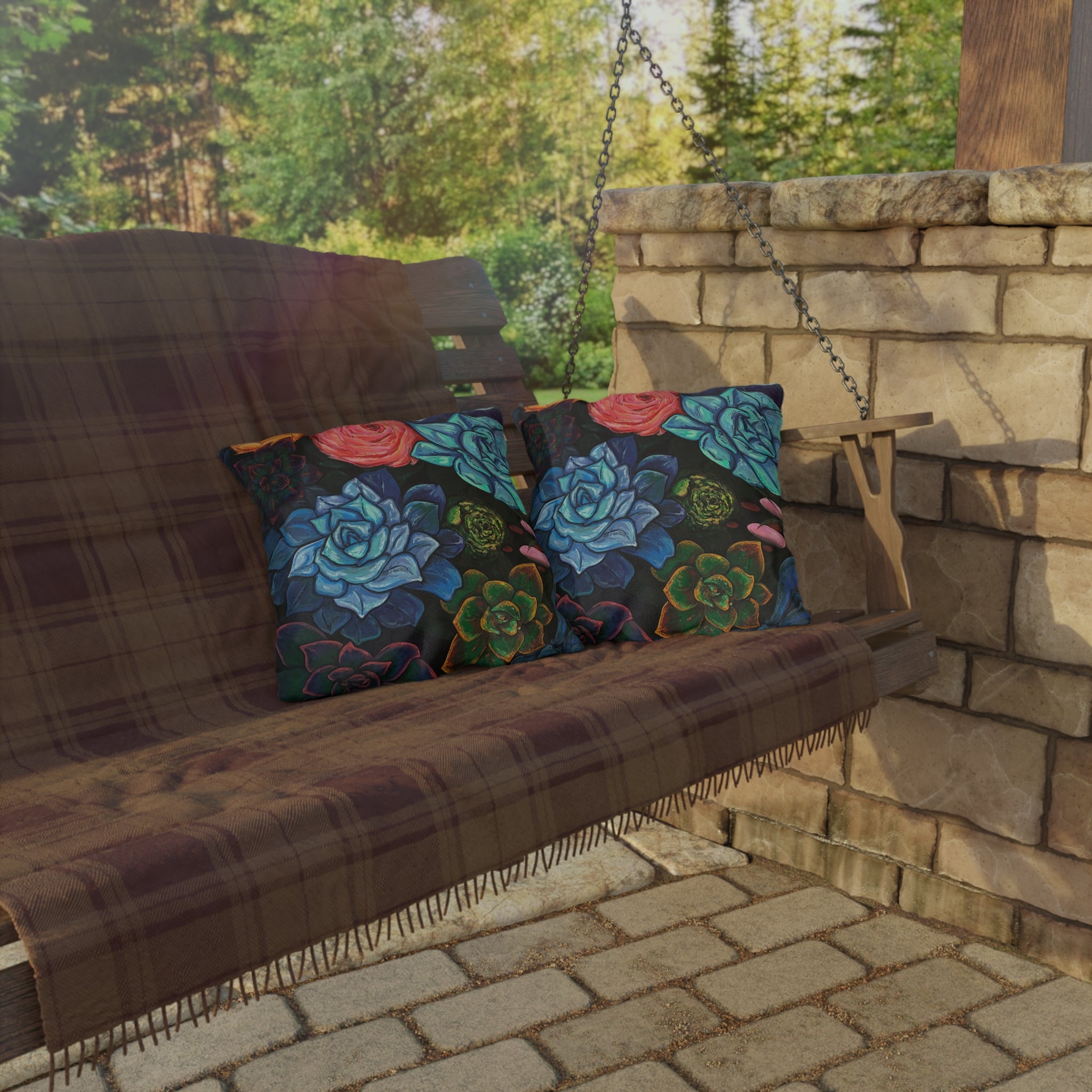 Succulent Garden Outdoor Pillow — Colorful Floral Patio Throw Pillow