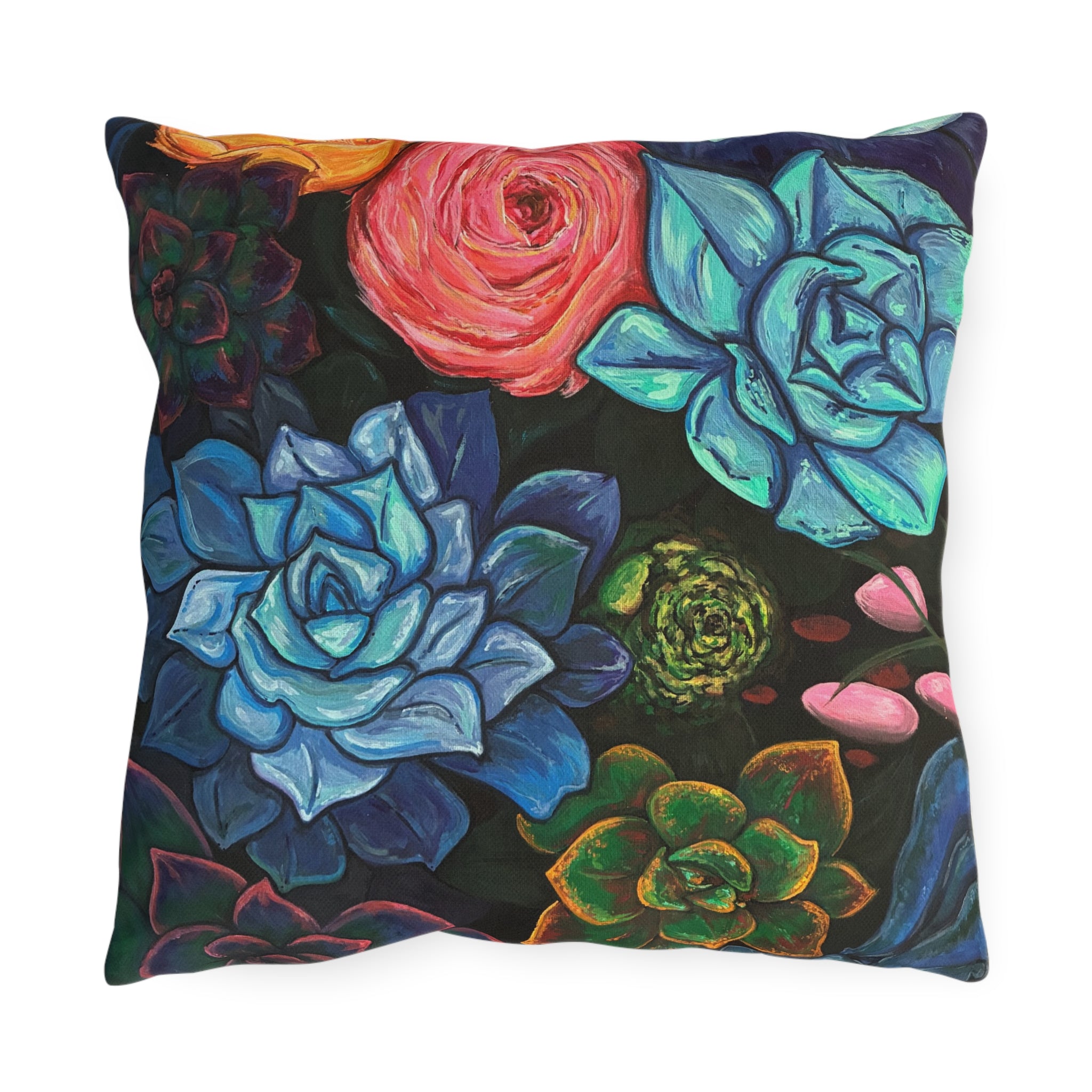 Succulent Garden Outdoor Pillow — Colorful Floral Patio Throw Pillow