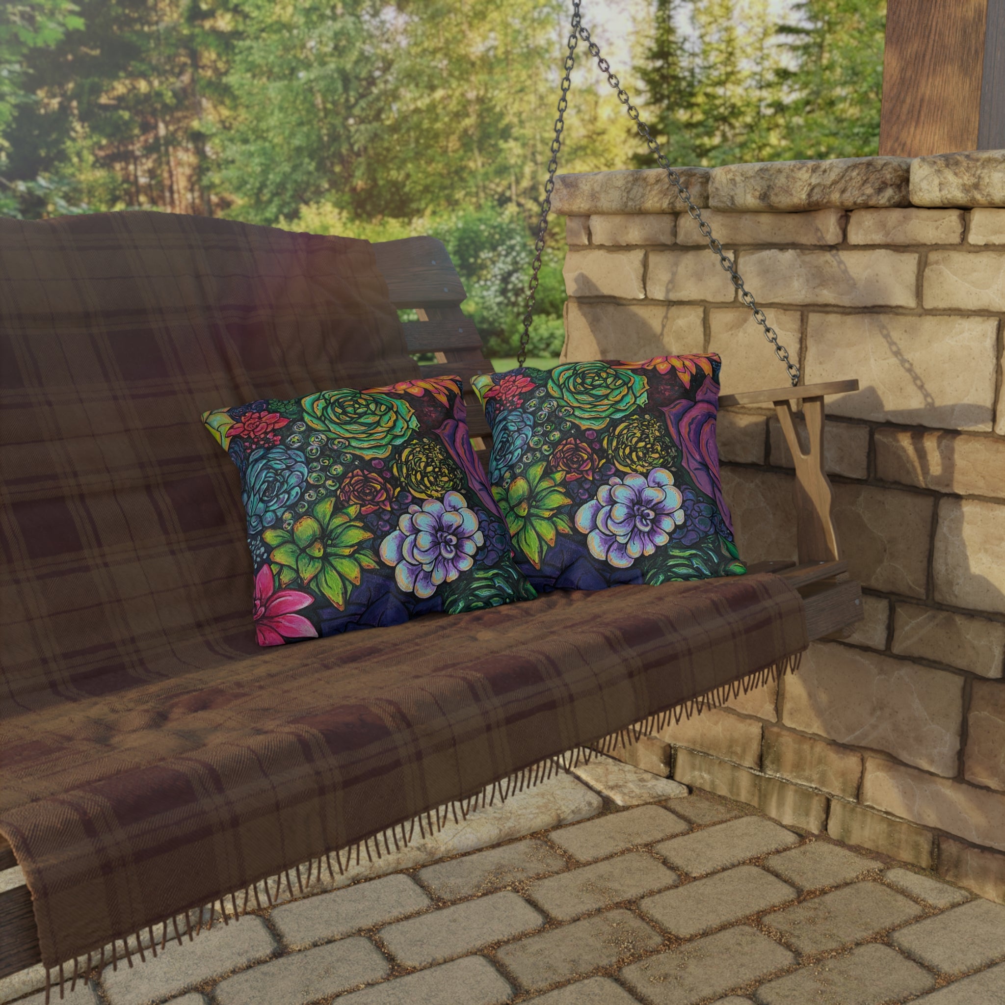 Rainbow Succulent Garden Outdoor Pillow — Colorful Botanical Throw Pillow for Patio & Porch