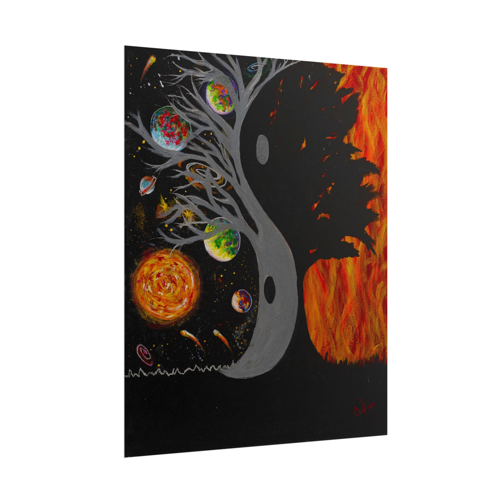 "Balance" Yin Yang Cosmic Tree Poster — Space and Fire Rolled Art Print