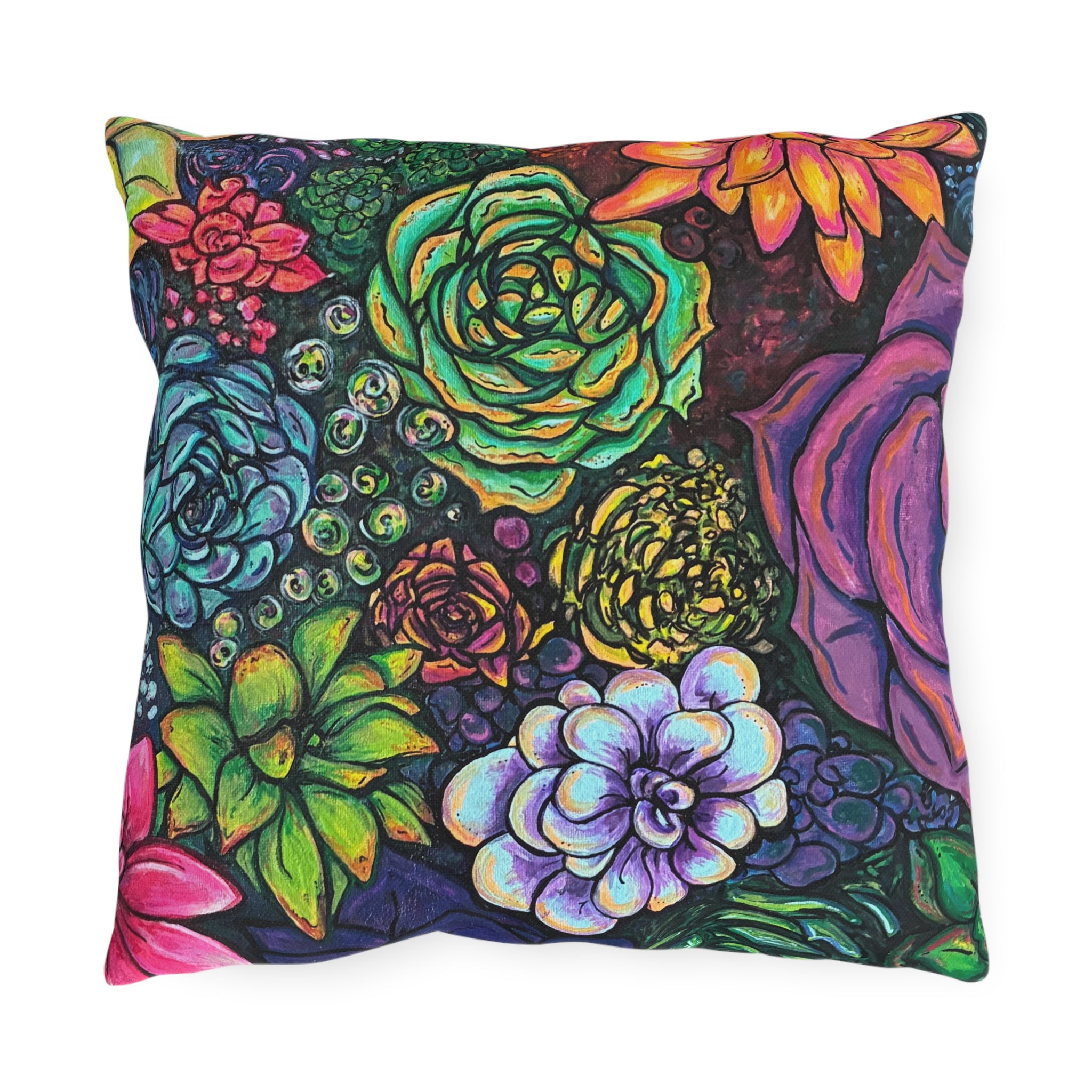 Rainbow Succulent Garden Outdoor Pillow — Colorful Botanical Throw Pillow for Patio & Porch