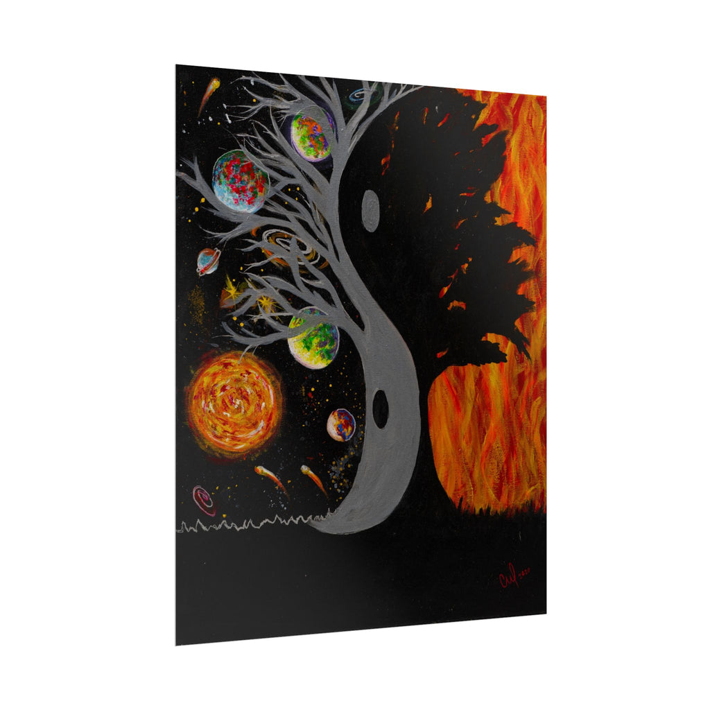 "Balance" Yin Yang Cosmic Tree Poster — Space and Fire Rolled Art Print