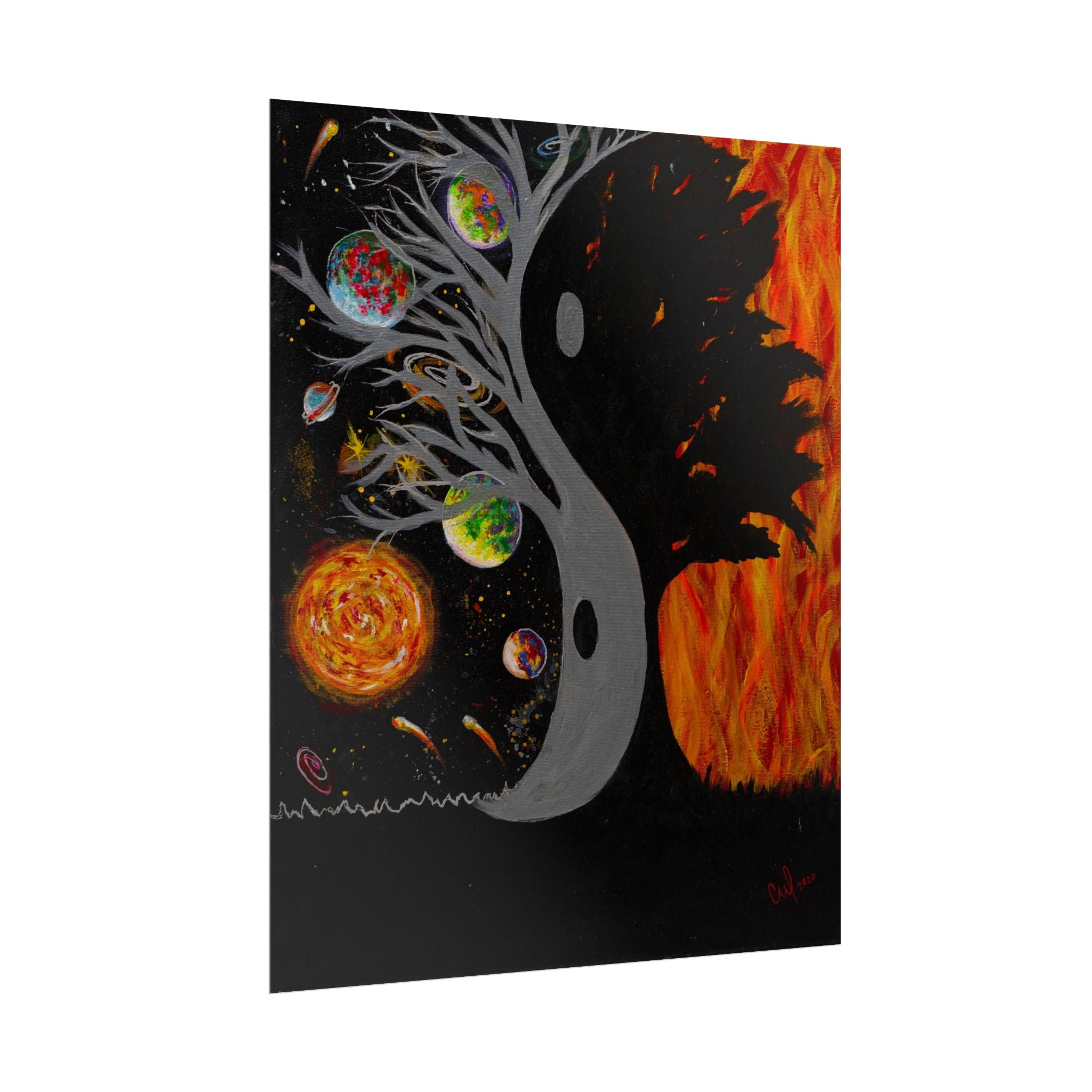 "Balance" Yin Yang Cosmic Tree Poster — Space and Fire Rolled Art Print