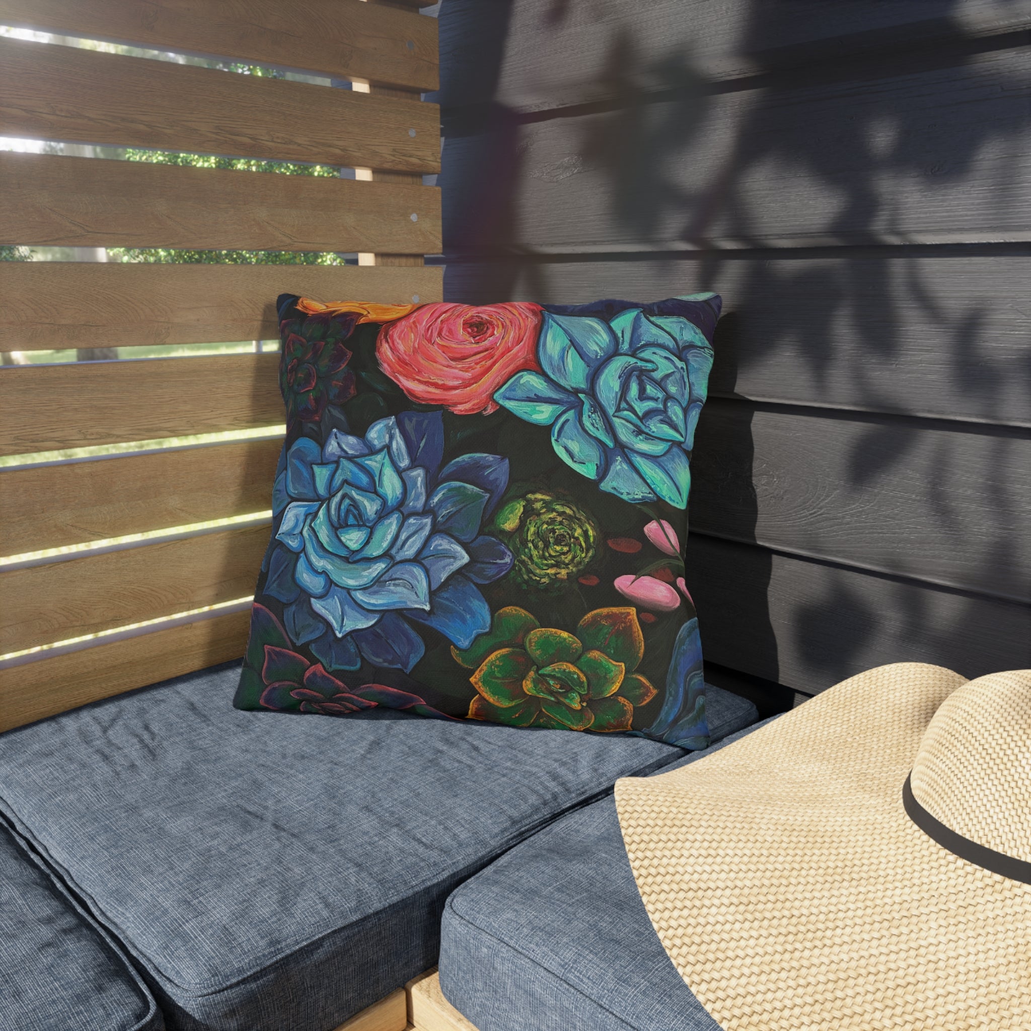 Succulent Garden Outdoor Pillow — Colorful Floral Patio Throw Pillow