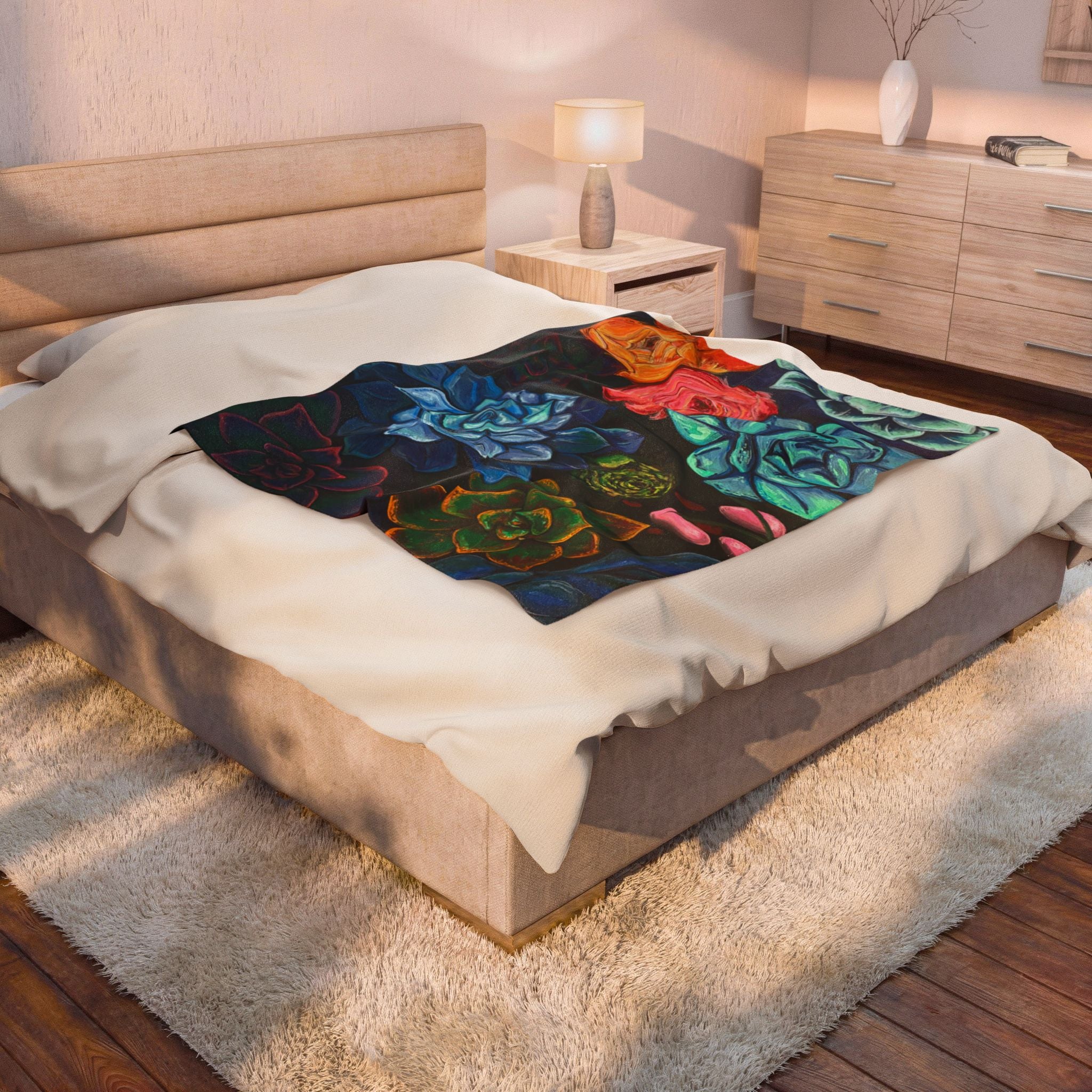 Velveteen Plush Blanket – Colorful Succulent Garden Throw