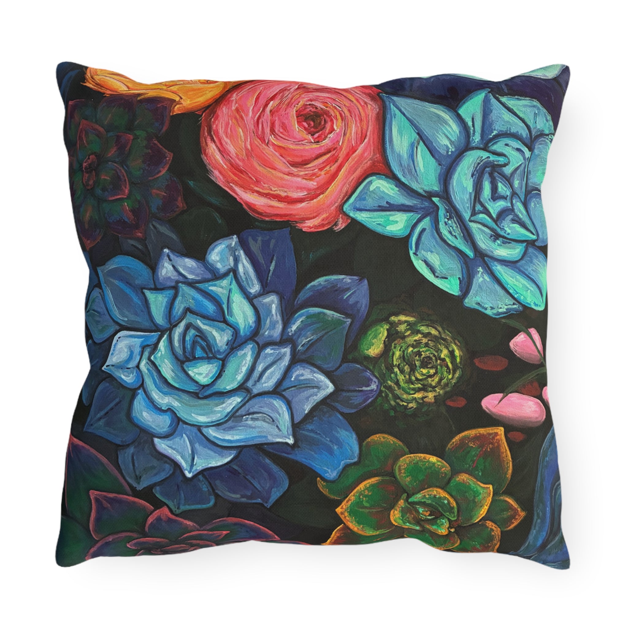 Succulent Garden Outdoor Pillow — Colorful Floral Patio Throw Pillow