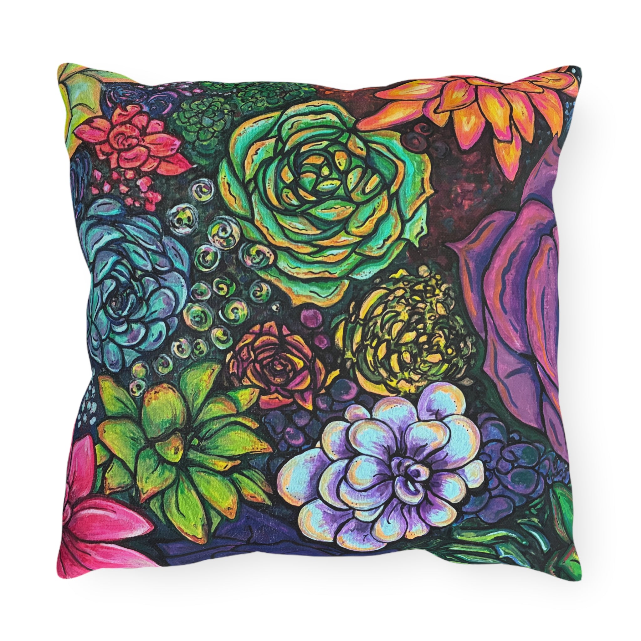 Rainbow Succulent Garden Outdoor Pillow — Colorful Botanical Throw Pillow for Patio & Porch