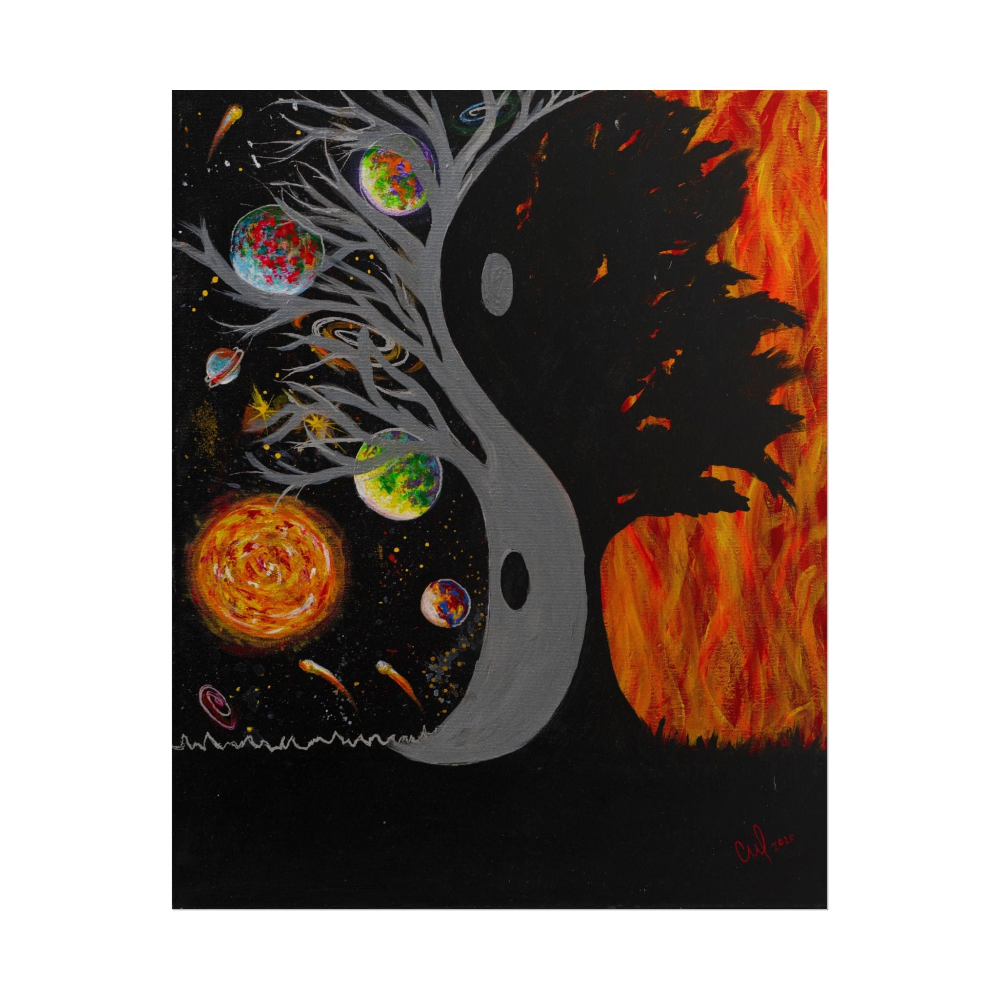 "Balance" Yin Yang Cosmic Tree Poster — Space and Fire Rolled Art Print