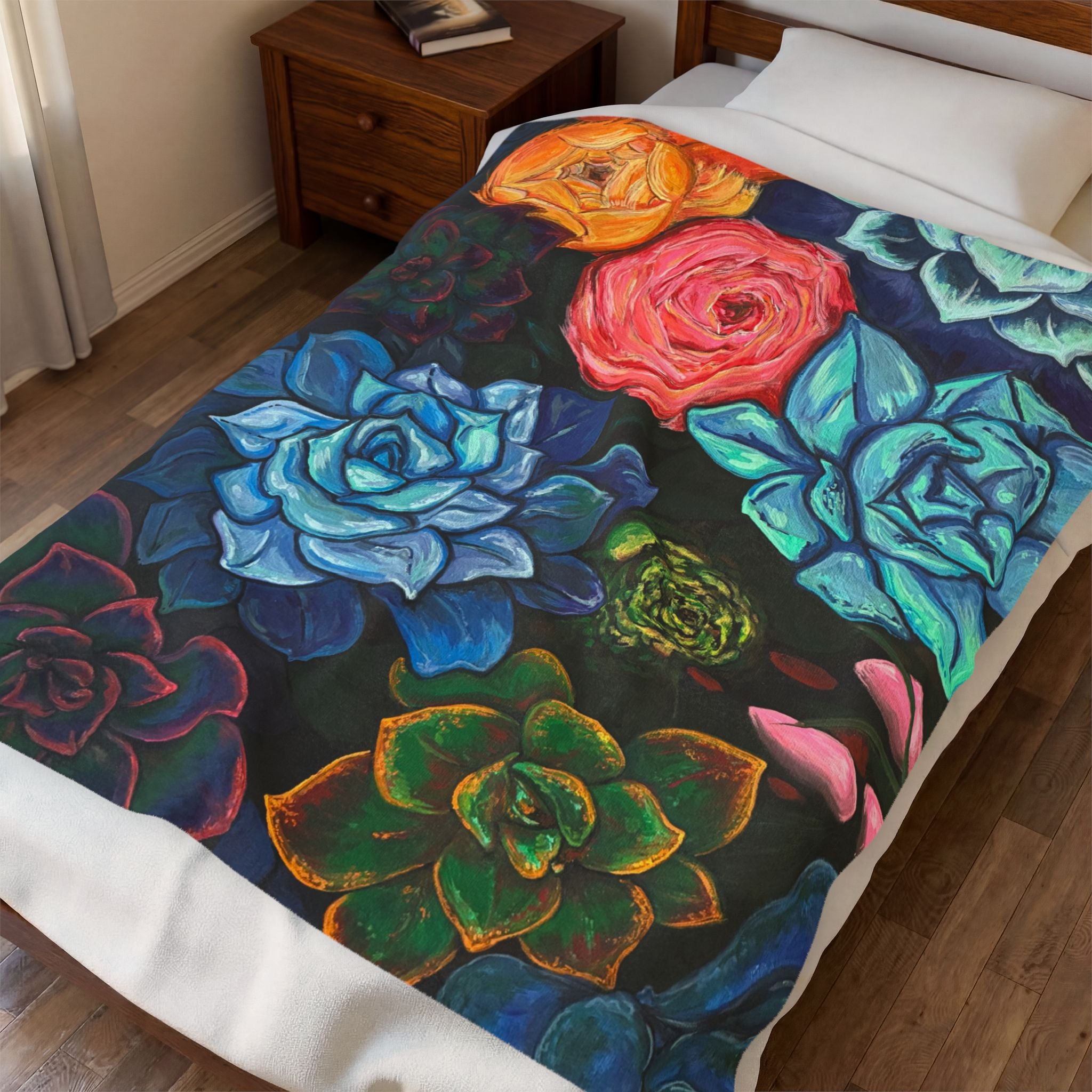 Velveteen Plush Blanket – Colorful Succulent Garden Throw