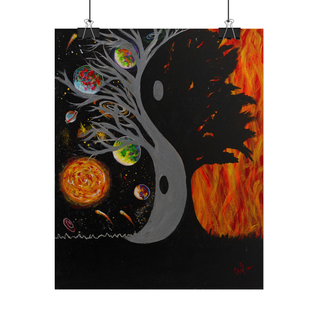 "Balance" Yin Yang Cosmic Tree Poster — Space and Fire Rolled Art Print