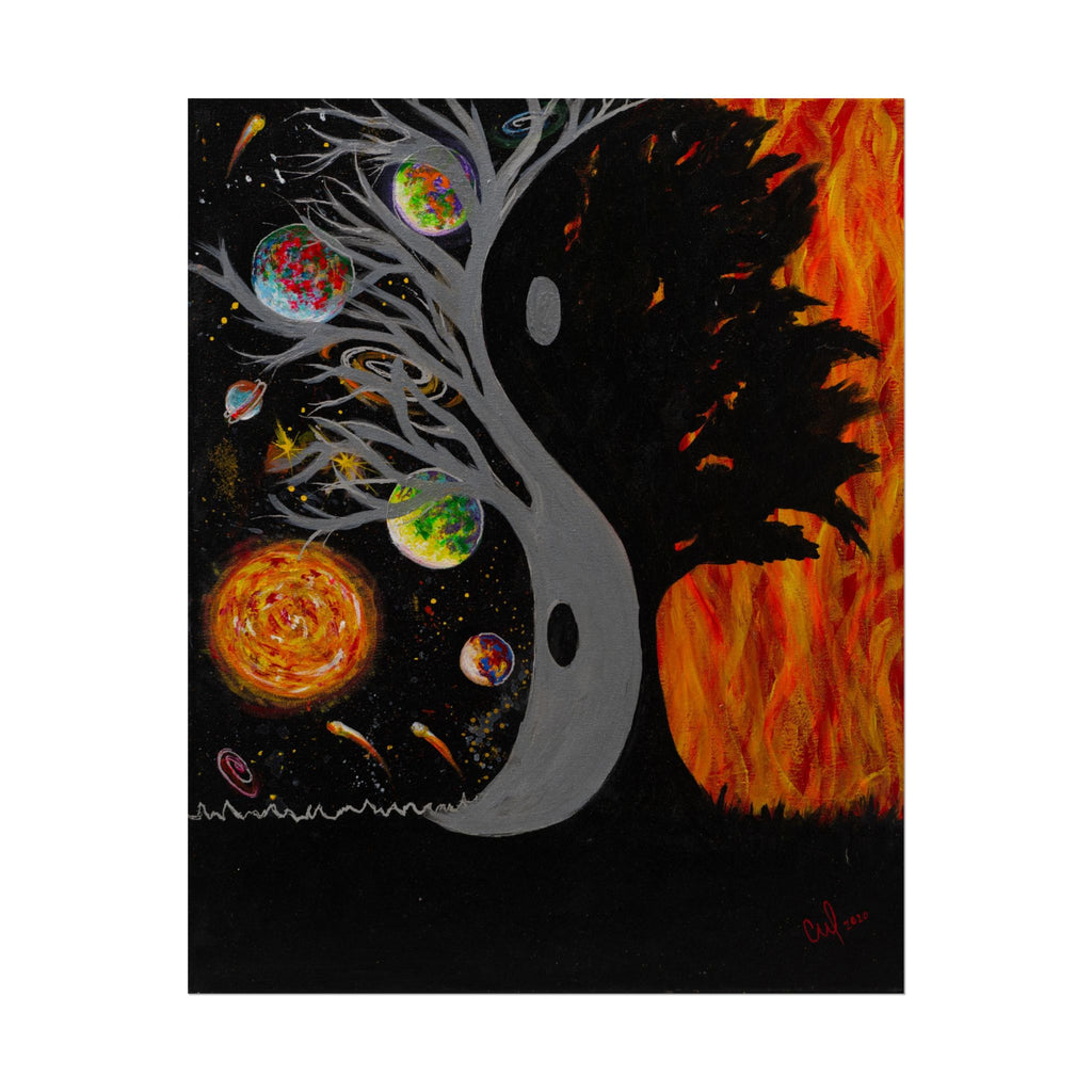 "Balance" Yin Yang Cosmic Tree Poster — Space and Fire Rolled Art Print